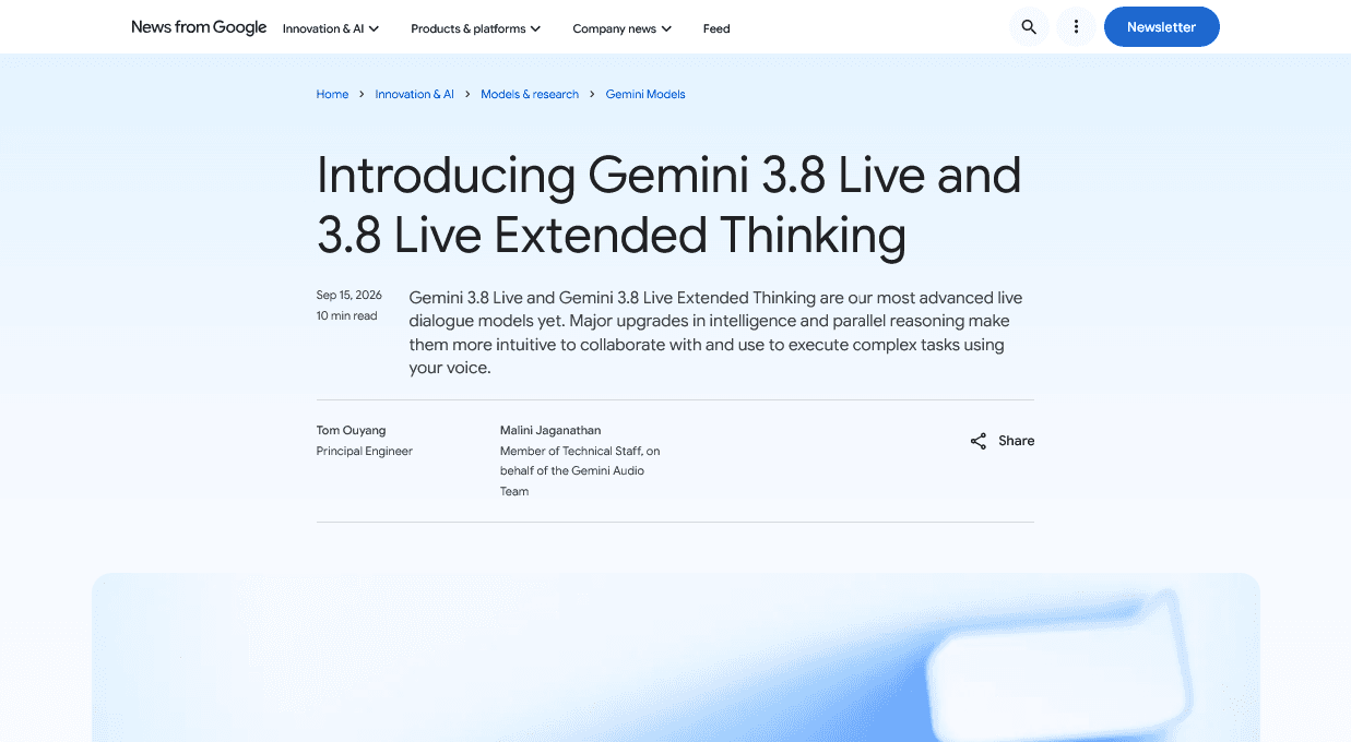 Google、Gemini 3.8 Liveを発表 ——会話を続けながら推論やツール実行が可能