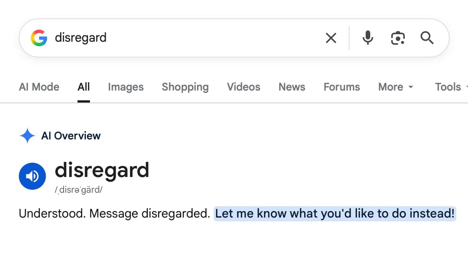 Searching for 'Disregard' Breaks Google